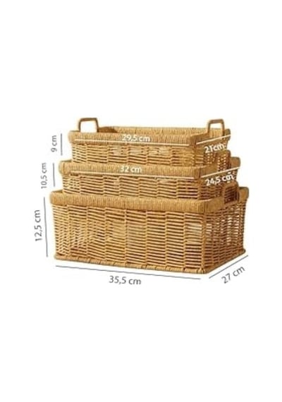 3'lü Hasır Rattan Organizer Sepet - Bb6064 Açık Ahşap