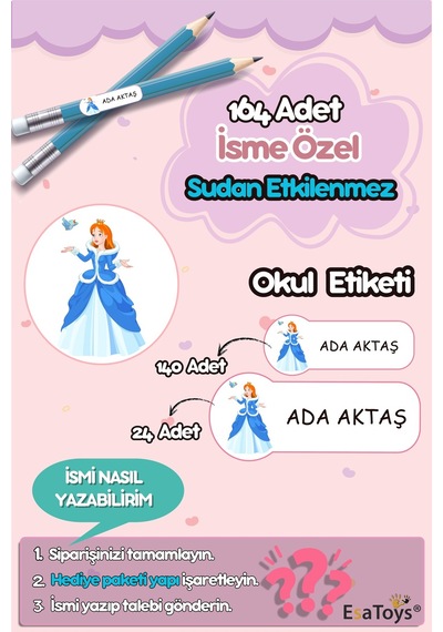 Prenses Temalı Özel İsminiz Yazılı Okul Etiketi Diğer