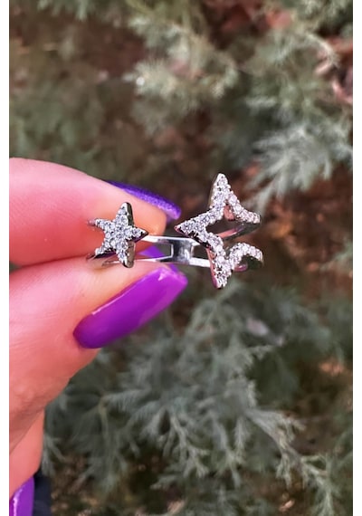 Çift Yıldız Ayarlanabilir Gümüş Renk Yüzük - Zirkontaşlı Silver