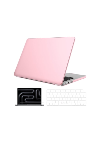 Novstrap Apple Macbook Pro 14 İnç M4 A3401 A3112 A3185 İle Uyumlu Parlak Kılıf + Şeffaf Klavye Kılıfı + Film Pembe