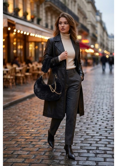 Vivazzaluxe Vintage Peluş Kürk Model Sonbahar, Kış Tote Bag Kadın El, Omuz, Çapraz Çanta Siyah
