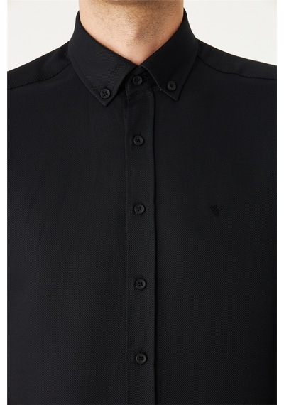 Siyah Düğmeli Yaka Uzun Kollu Gömlek Slim Fit SİYAH