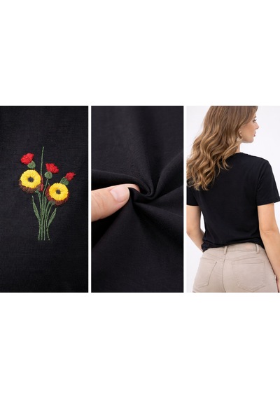 Yubistitch Tshirt Nakış İşlemeli 3d Çiçek-kalın- Siyah