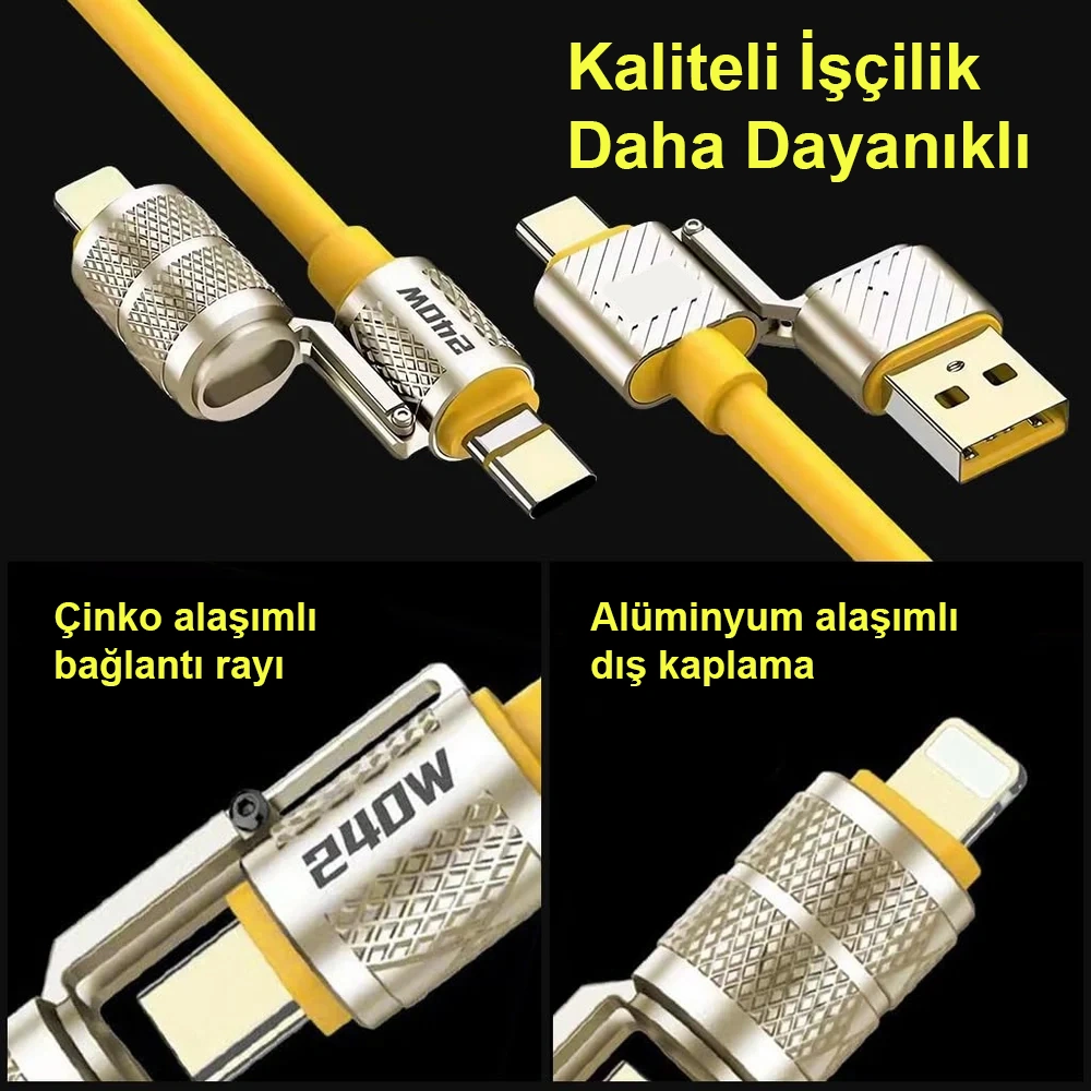 Codegen 240w 4 İn 1 Usb C - Lightning Pd Quickcharge 2 Mt Telefon Tablet Notebook Silikon Metal Hızlı Şarj Kablosu Cdg-cnv89
