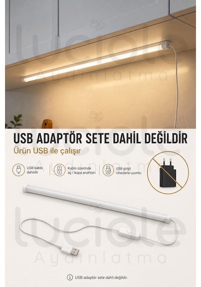 Mutfak Dolap Altı Günışığı Led Çubuk 100 Cm Usb 5v Anahtarlı Yapışkanlı Tezgah Raf Işığı