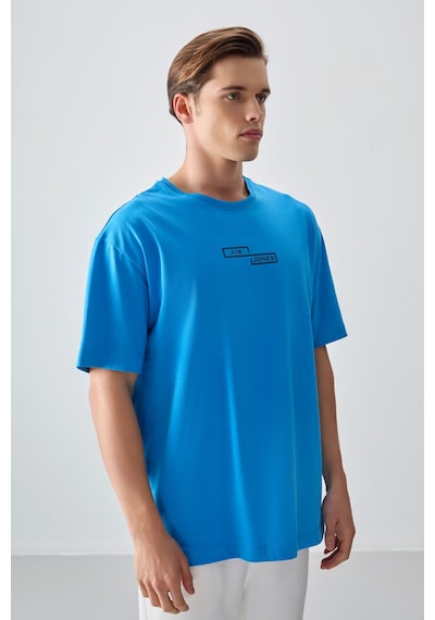 Air Jones Tommy Life Petrol Mavi %100 Pamuk Kalın Yumuşak Dokulu Oversize Fit Baskılı Erkek T-shirt - 88361 Petrol Mavi