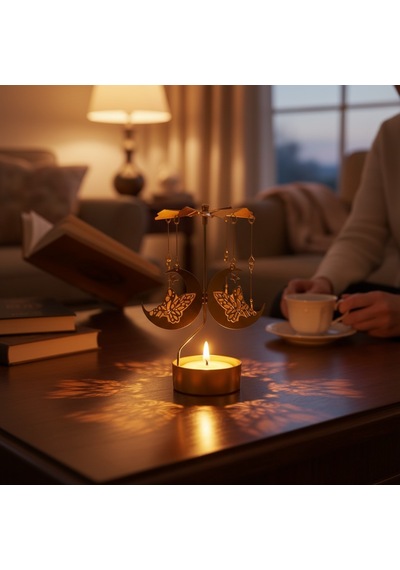 Dönence Tasarımlı Metal Tealight Mumluk Melek & Ay Figürlü Dekoratif Mumluk Gold