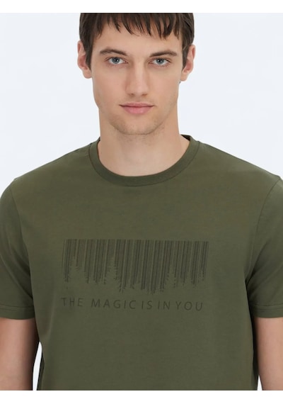 Kip Haki Baskılı Bisiklet Yaka %100 Pamuk T-shirt Haki