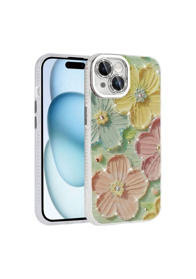 Zore Apple iPhone Uyumlu 14 Kılıf Çiçek Desenli Parlak Taşlı Sert Silikon Omsy Garden Kapak - Colorful