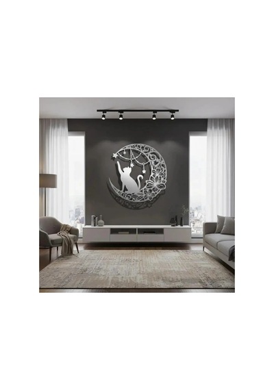 Floral Hilal Ve Kedi Silüeti Dekoratif Metal Tablo - Metal Duvar Sanatı - Krom - 75 X 75 Cm