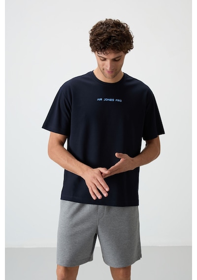 Air Jones Tommy Life Lacivert Pamuklu Kalın Yüzeyi Dokulu Oversize Fit Baskılı Erkek T-shirt - 88364 Lacivert