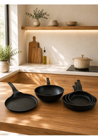 Terra Chef Set 5 Parça Döküm Granit Tava Seti 20-24-28 Cm Tava 28 Cm Wok Tava 26 Cm Krep Tava Siyah Yapışmaz Yüzey