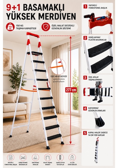 Ze Zigana Ev Gereçleri Elegance 9+1 Geniş Basamaklı Kolay Taşıma Aparatlı Merdiven