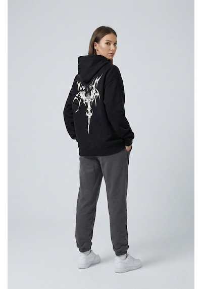 Nevermind Unisex Oversize Hoodie Grafik Sembol Baskılı Siyah