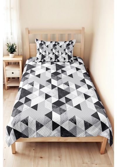 Gri Geometrik Genç Odası Tek Kişilik Pike Takımı - Siyah Modern 160x220 Cm Kapitone Yatak Örtüsü Mahmur Kadife Ufku