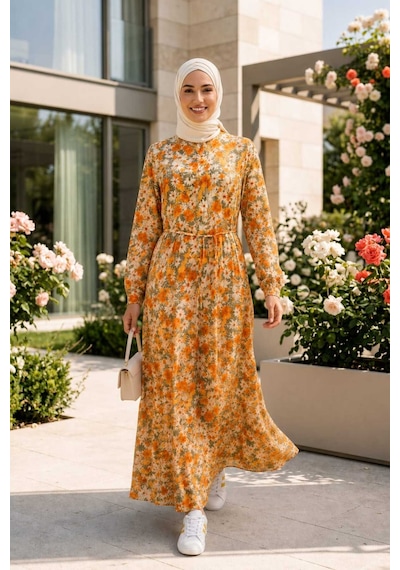 Hb Harma Time Butik Kadın Düğmeli Desenli Modal Turuncu Elbise Turuncu Turuncu