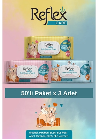 Reflex Care Kokulu Kedi Ve Köpekler İçin Çok Amaçlı Hijyenik Temizleme Mendili Karışık Set 50'li X 3 Adet