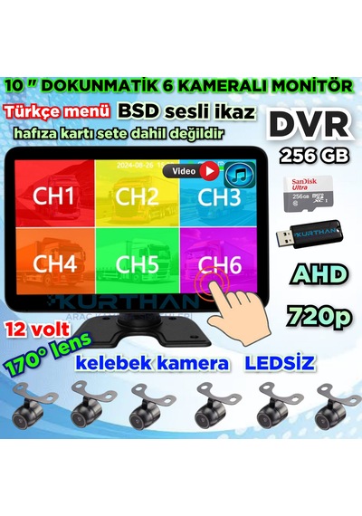 Ledsiz Kelebek Kamera 170'' Ahd 720p Rca 6 Kanallı 10 İnç Dokunmatik Usb Bsd Dvr Ekran 12 Volt