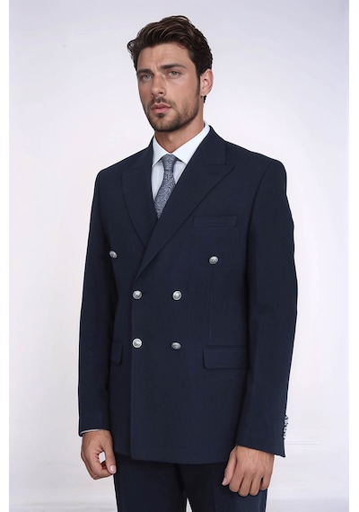 Gümüş Renk Metal Düğmeli Slim Fit Kruvaze Lacivert Erkek Takım Elbise Wessi Lacivert