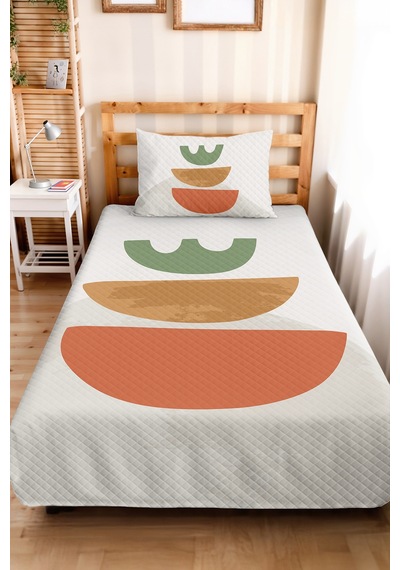 Geometrik Yeşil Genç Odası Tek Kişilik Pike Takımı - Turuncu Bej 160x220 Cm Kapitone Yatak Örtüsü Gizli Pamuk Yansıması