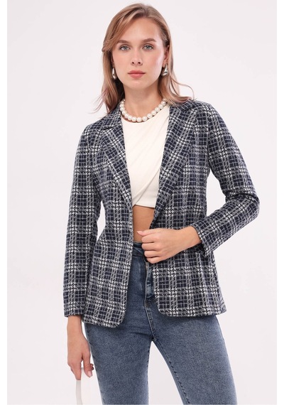 Armonika Kadın Lacivert Tek Düğmeli Ekose Ceket Arm-19k001131