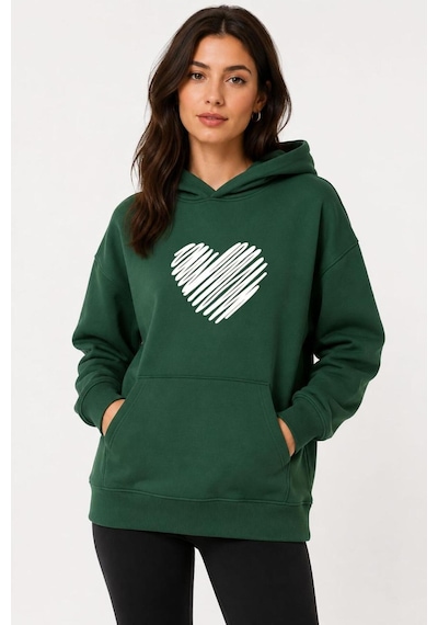 Herkesemoda Kırmızı Kalp Baskılı Kapüşonlu 2 İplik Şardonlu Sweatshirt Yeşil