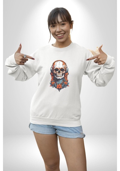 Müzik Kulaklık Takan Kurukafa Kırmızı Gül Unisex Beyaz Baskılı Sweatshirt Beyaz