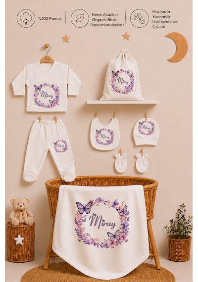 Pia Baby Kız Bebek Hastane Çıkışı Hediye Seti 8 Parça Zıbın Set %100 Pamuk Battaniye Yastık Ve Kese 1090zybk3x Krem