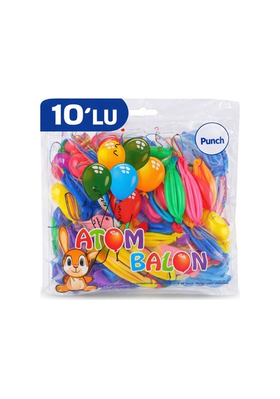 Renkli Atom Balon Punch Balon Lastik İpli Parti Balonu 10 Adet Düz Renkli