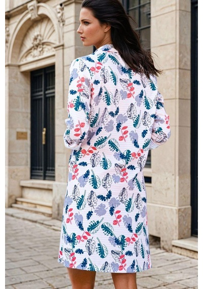 Ekru, Tropikal Desenli, Uzun Kollu, Kimono Ceket