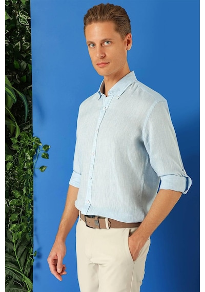 Efor Comfort Fit Düğmeli Yaka %100 Keten Apoletli Casual Mavi Gömlek G 1564 Mavi