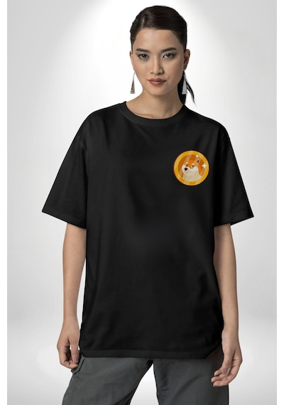 Doge Coin Siyah Oversize Unisex Ön Sol Yan Minimal Baskılı Tişört Koyu Siyah