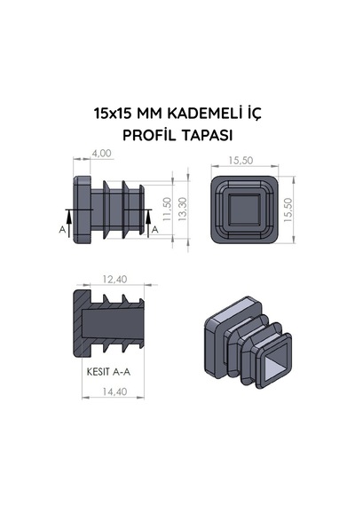 Cateksss 15x15 Mm Profil İçin Kademeli İçe Geçme Profil Tapası, Profil Kapak, Profil Tapa Siyah - 4 Lü Paket