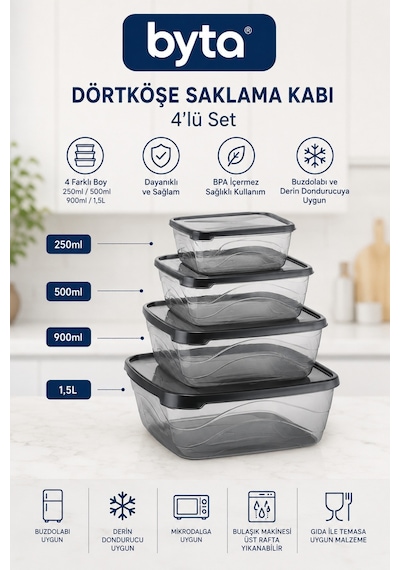 4'lü Kare Saklama Kabı Seti 250 Ml - 500 Ml - 900 Ml - 1,5 L Bpa Free Gıda Saklama Kabı Buzdolabı Ve Mikrodalgaya Uygun Şeffaf