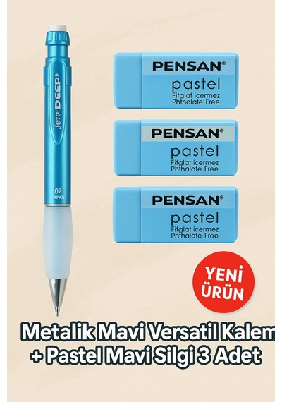 Metalik Mavi 0.7 Versatil Kalem + Pastel Mavi Silgi 3'lü Set Metalik Mavi