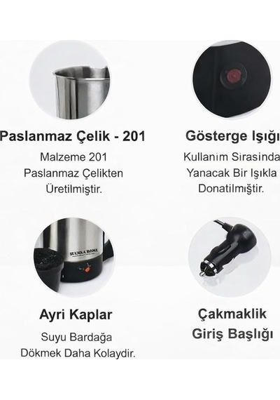 Aksu Emka Home 24v 800ml Araç Kettle Su Isıtıcı Çakmaklık Girişli Paslanmaz Çelik Gösterge Işıklı