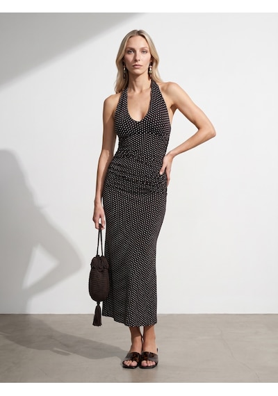 DİLVİN 91698 Lyocell Halter Yaka Midi Elbise-koyu Kahve