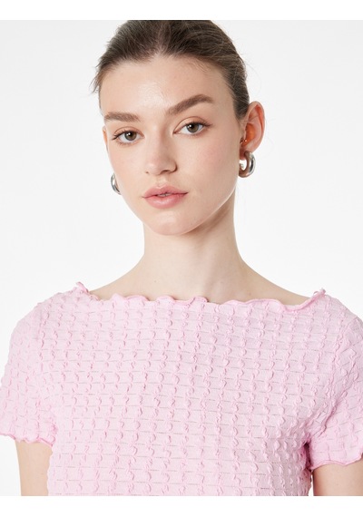 Koton Bürümcük Kumaş Slim Fit Kısa Kollu Omzu Açık Kayık Yaka Bluz Pembe 6sak10364ek Gül