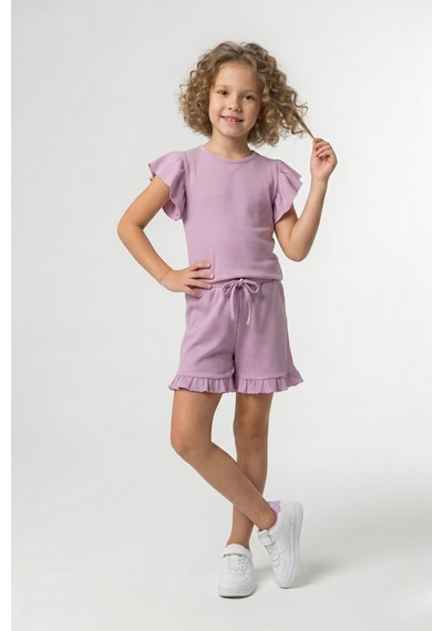 New Kids Şortlu Fırfır İp Kemerli Detaylı Kız Çocuk Takım-91164 Lila