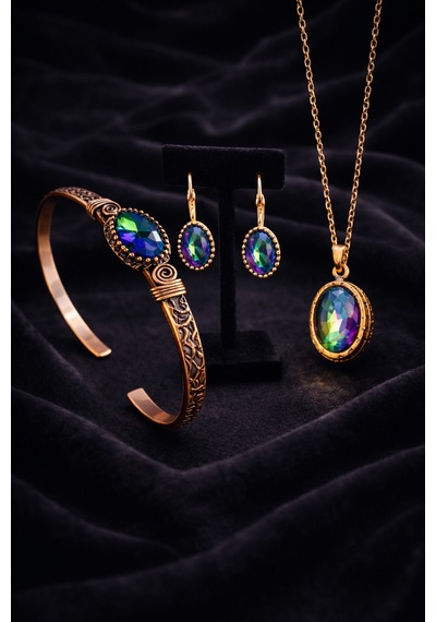 Kadın Bakır Küpe Bileklik Kolye Takım Seti Doğal Mistik Topaz Taşlı Oval Model Set Diğer