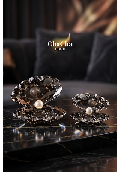 Chacha Home Oceana Pearl 2'li Kristal İncili İstiridye Obje Seti 9x7 Cm & 7x5 Cm - Lüks Cam Dekoratif Masa Üstü Biblo Füme