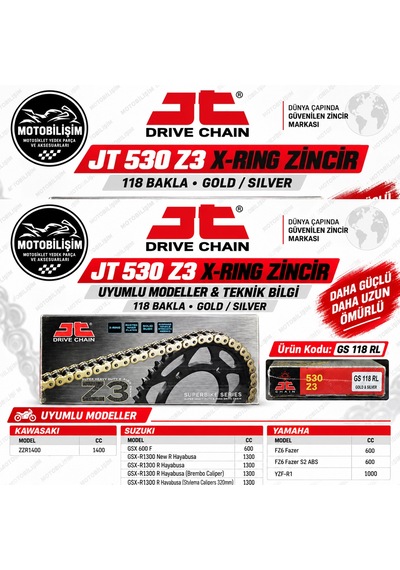 Motosiklet Zinciri 530 X-ring 118 Bakla Gold Jt Z3 Güçlendirilmiş Zincir