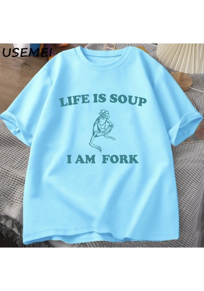 Flood Of Style Hayat Çorba Ben Çatal Kurbağa Grafik T Shirt Pamuk Unisex Komik Retro Tişört Yaz Hayvan Baskı Mavi