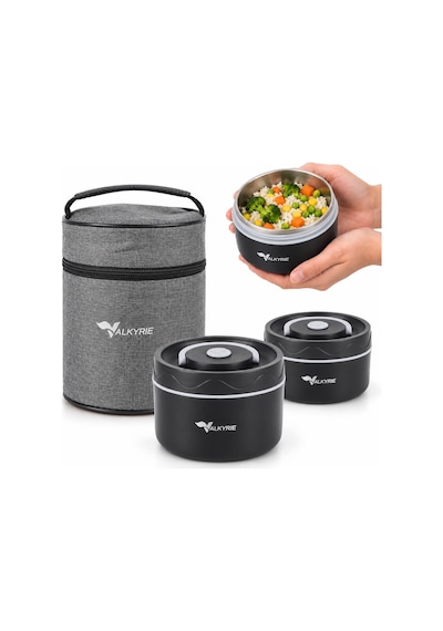 Valkyrie 2 Katlı Taraftar 304 Paslanmaz Çelik Yemek Termosu 420+550 Ml Isı Yalıtımlı Çantalı Siyah