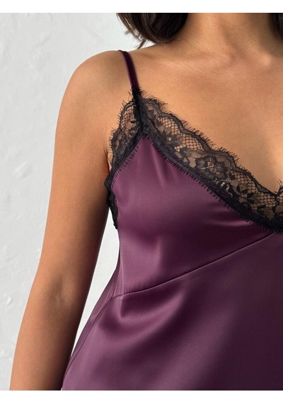 Ckm Moda Noiria Siyah Dantel Detaylı Saten Askılı Kadın Atlet Mürdüm