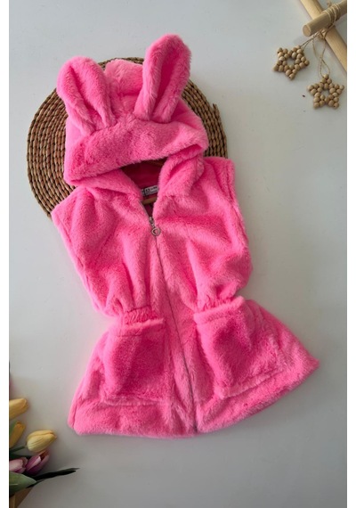 Miniğimin Cicileri Kulak Detaylı Peluş Cepli Çocuk Yelek - Pembe Pembe
