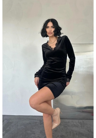 Modayakamoz Eyesof Siyah Yaka Ve Kol Dantelli Mini Elbise Çok renkli