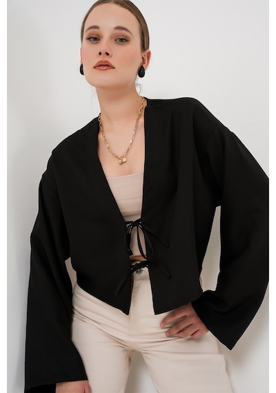 Bigdart Önü Bağlamalı Keten Kimono 960 - Siyah
