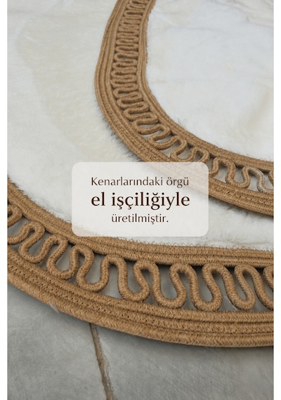El Yapımı Bohem Banyo Paspası 2'li Peluş Kaymaz Jel Taban 40x60 Cm Ve 60x100 Cm Beyaz