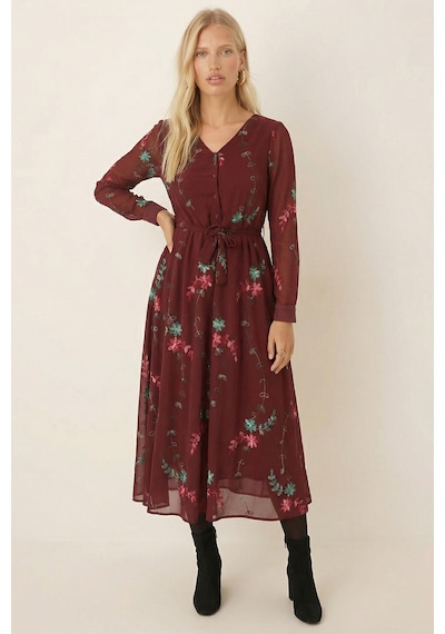 Armonika Kadın Bordo V Yaka Kemerli Astarlı Şifon Midi Boy Elbise Arm-26k001042